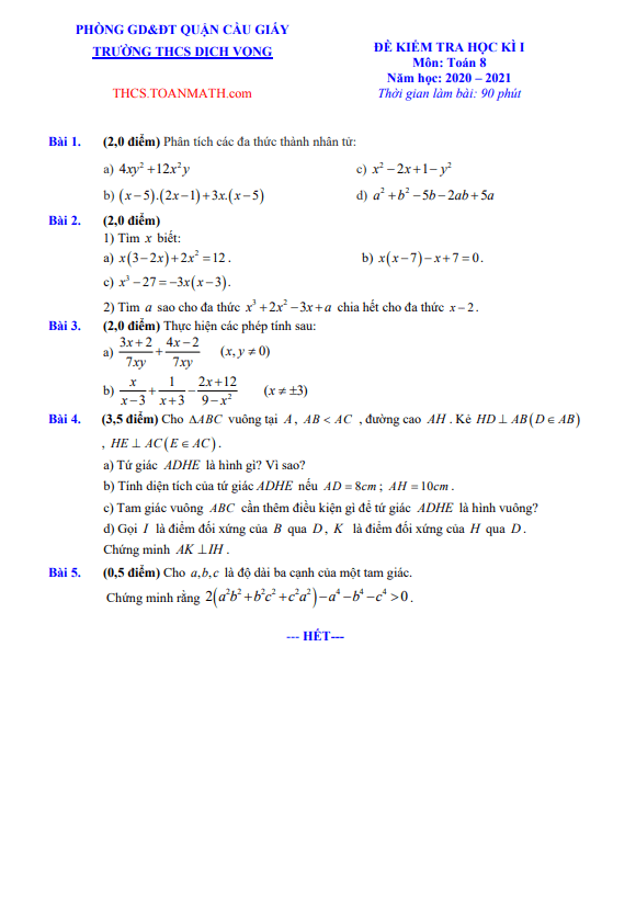 de thi hoc ki 1 hk1 lop 8 mon toan nam 2020 2021 truong thcs dich vong ha noi d