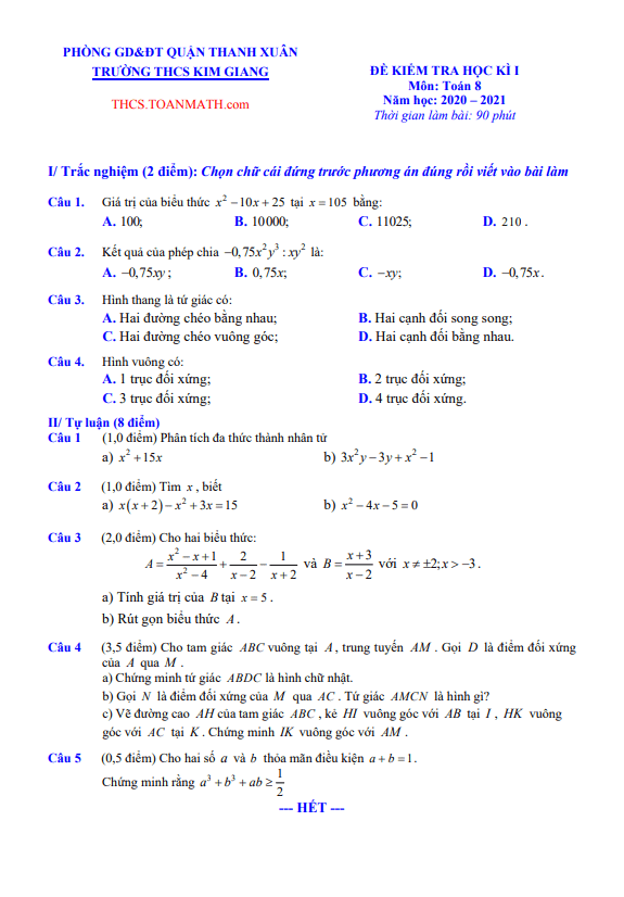 Đề thi học kì 1 (HK1) lớp 8 môn Toán năm 2020 2021 trường THCS Kim Giang Hà Nội 4 de thi hoc ki 1 hk1 lop 8 mon toan nam 2020 2021 truong thcs kim giang ha noi d