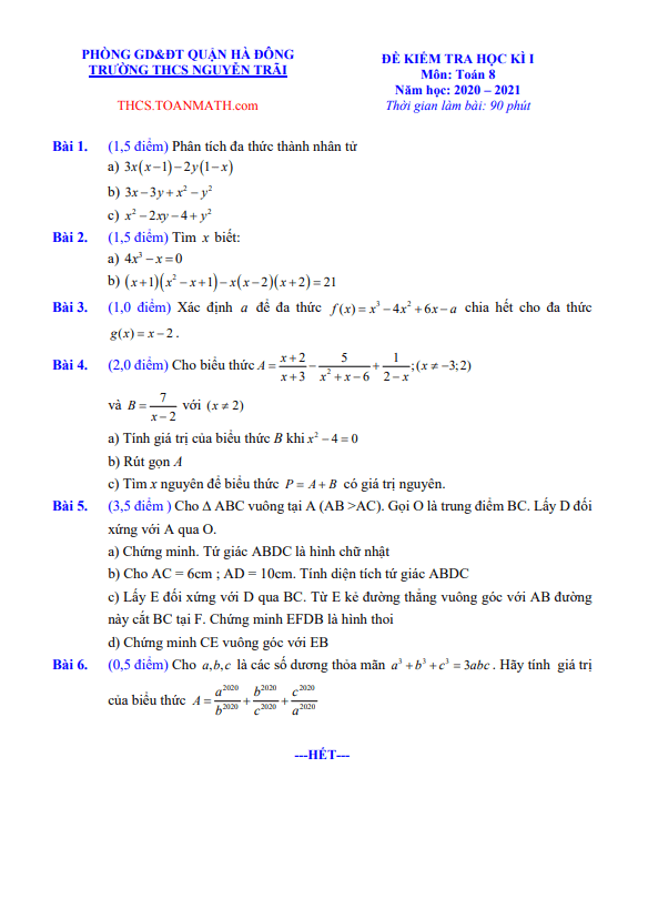de thi hoc ki 1 hk1 lop 8 mon toan nam 2020 2021 truong thcs nguyen trai ha noi d