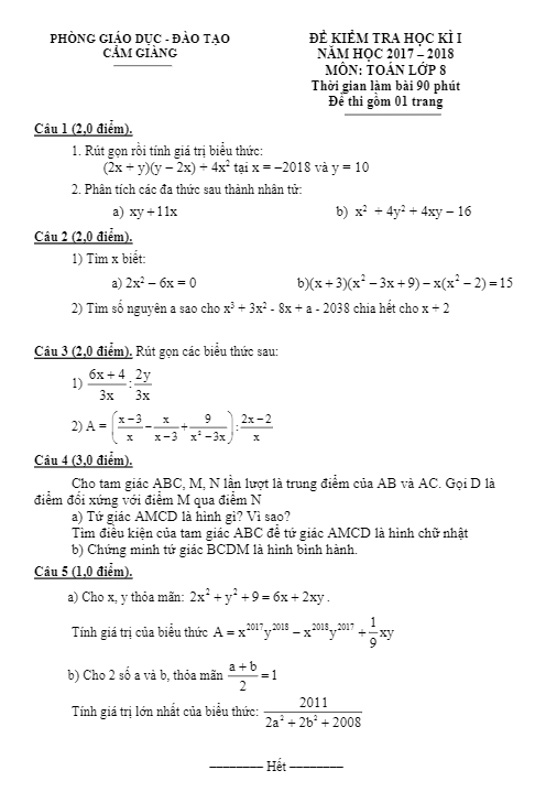 de thi hoc ki 1 hk1 lop 8 mon toan nam hoc 2017 2018 phong giao duc va dao tao cam giang hai duong d
