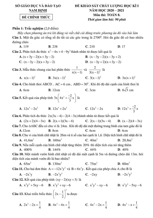 de thi hoc ki 1 hk1 lop 8 mon toan nam hoc 2020 2021 so gd dt nam dinh d