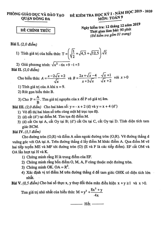 de thi hoc ki 1 hk1 lop 9 mon toan nam 2019 2020 phong gd dt dong da ha noi d