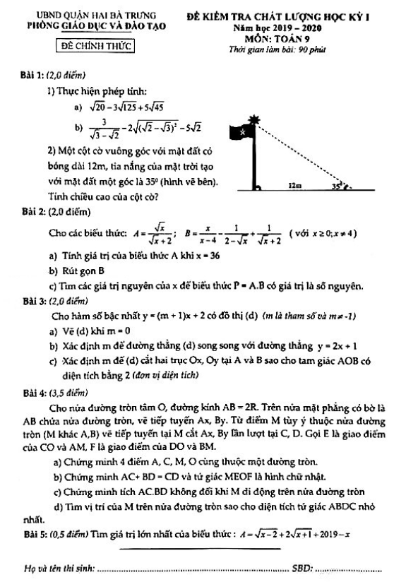 de thi hoc ki 1 hk1 lop 9 mon toan nam 2019 2020 phong gd dt hai ba trung ha noi d