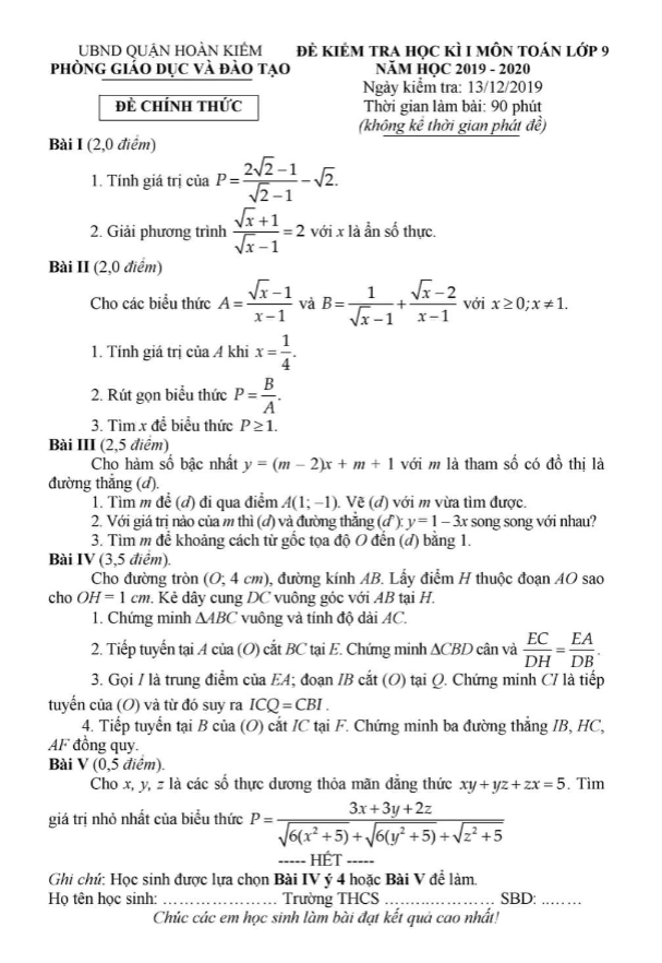 de thi hoc ki 1 hk1 lop 9 mon toan nam 2019 2020 phong gd dt hoan kiem ha noi d