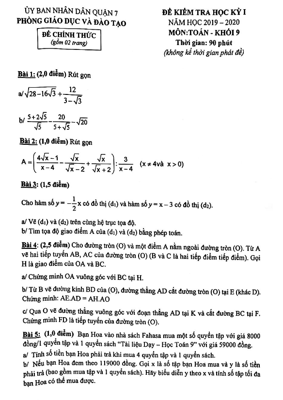 Đề thi học kì 1 (HK1) lớp 9 môn Toán năm 2019 2020 phòng GD ĐT Quận 7 TP HCM 2 de thi hoc ki 1 hk1 lop 9 mon toan nam 2019 2020 phong gd dt quan 7 tp hcm d