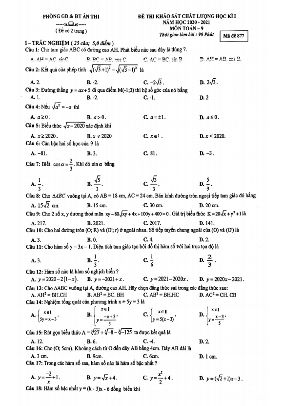 de thi hoc ki 1 hk1 lop 9 mon toan nam 2020 2021 phong gd dt an thi hung yen d