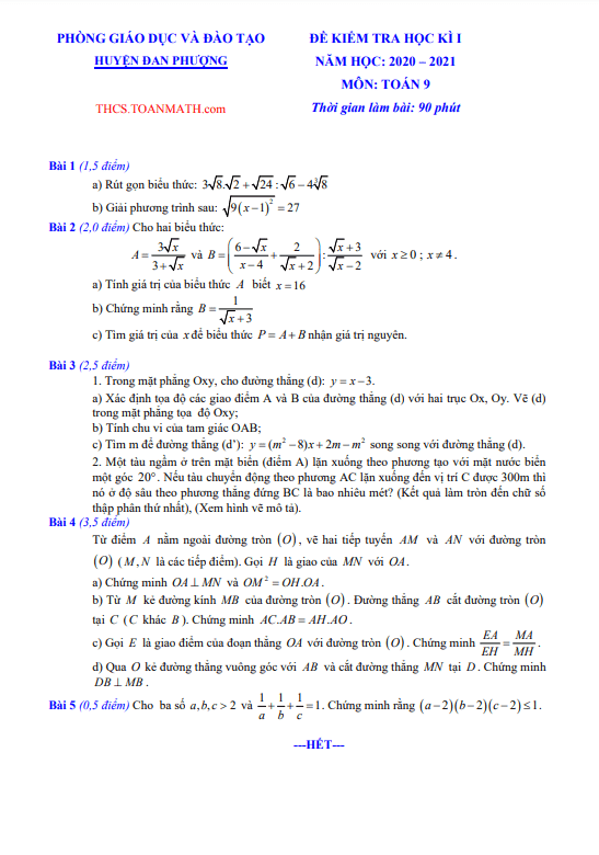 de thi hoc ki 1 hk1 lop 9 mon toan nam 2020 2021 phong gd dt dan phuong ha noi d