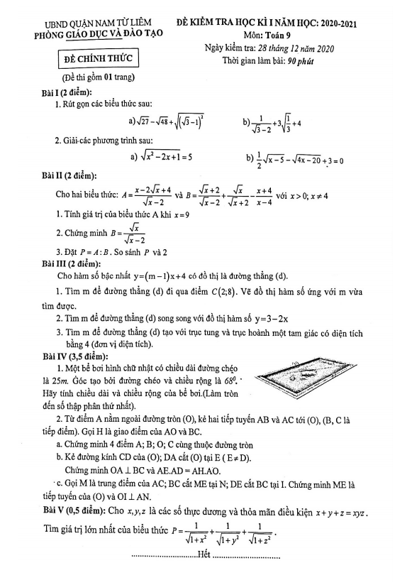 de thi hoc ki 1 hk1 lop 9 mon toan nam 2020 2021 phong gd dt nam tu liem ha noi d