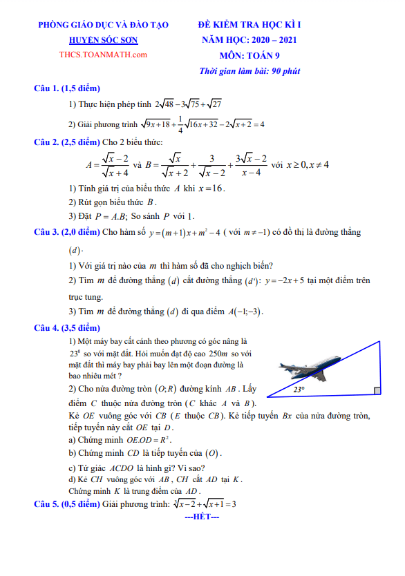 de thi hoc ki 1 hk1 lop 9 mon toan nam 2020 2021 phong gd dt soc son ha noi d