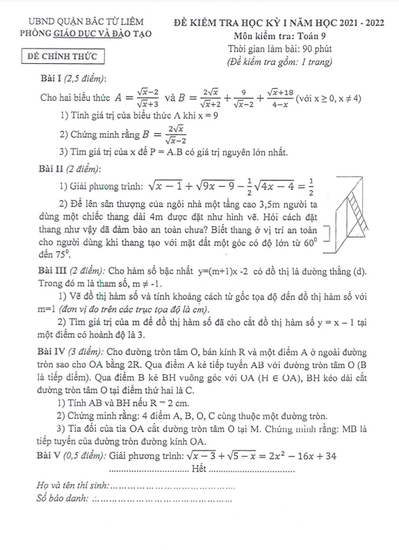 de thi hoc ki 1 hk1 lop 9 mon toan nam 2021 2022 phong gd dt bac tu liem ha noi d