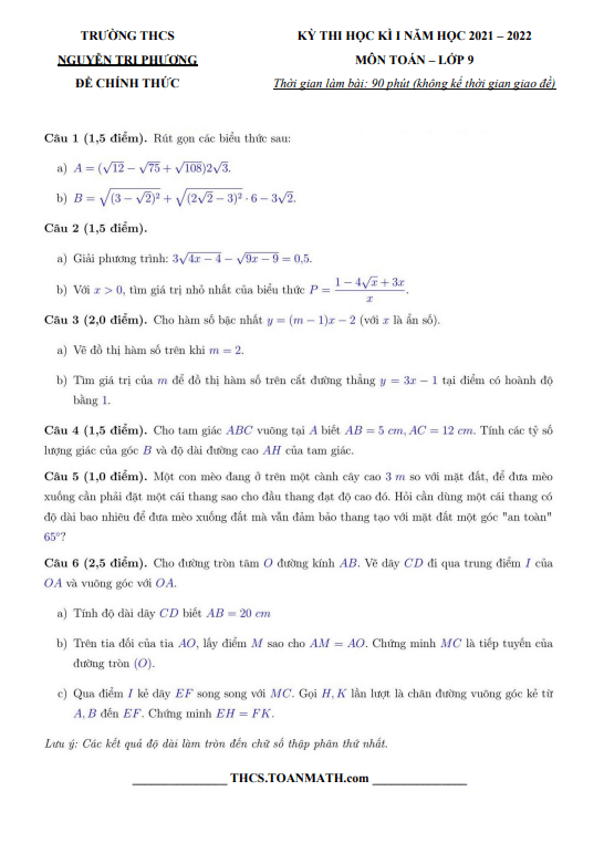 de thi hoc ki 1 hk1 lop 9 mon toan nam 2021 2022 truong thcs nguyen tri phuong tt hue d