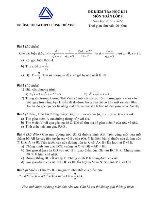 de thi hoc ki 1 hk1 lop 9 mon toan nam 2021 2022 truong thcs thpt luong the vinh ha noi d