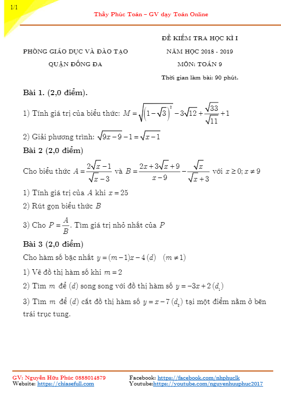 de thi hoc ki 1 hk1 lop 9 mon toan nam hoc 2018 2019 phong gd dt dong da ha noi d