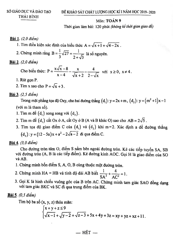 de thi hoc ki 1 hk1 lop 9 mon toan nam hoc 2019 2020 so gd dt thai binh d