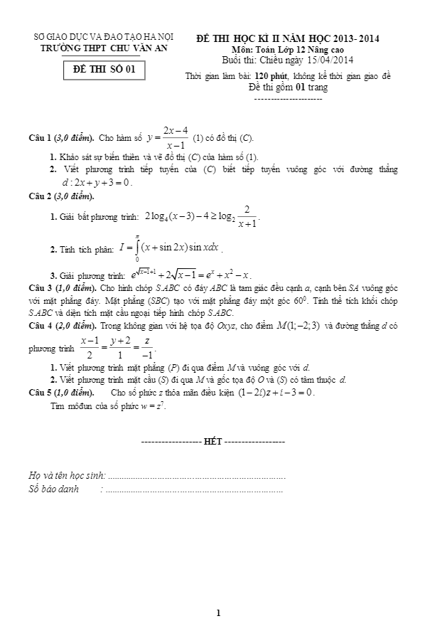 de thi hoc ki 2 hk2 ban nang cao truong chu van an ha noi 2013 2014 d