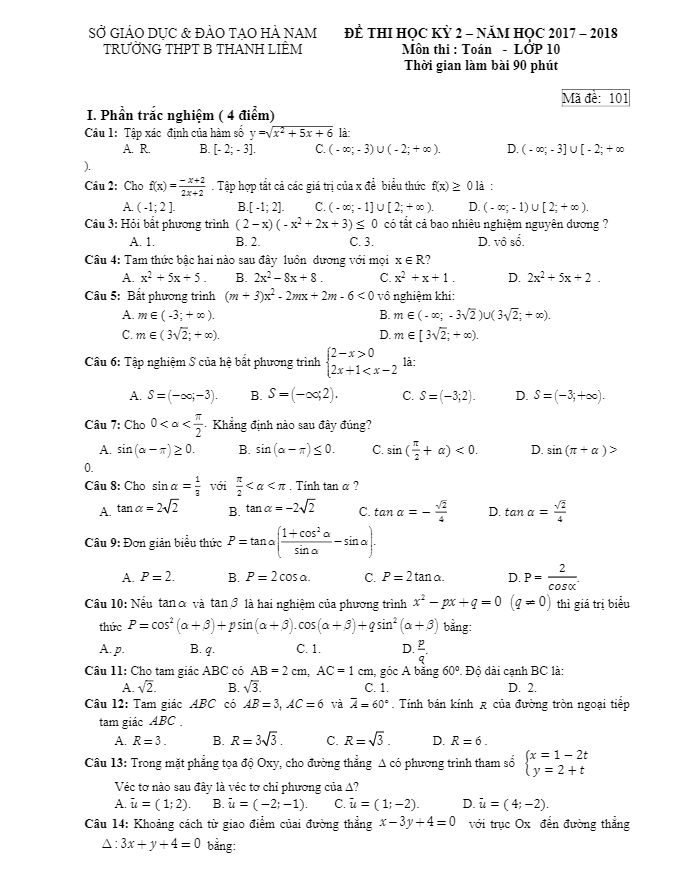 de thi hoc ki 2 hk2 lop 10 mon toan nam 2017 2018 truong thpt b thanh liem ha nam d