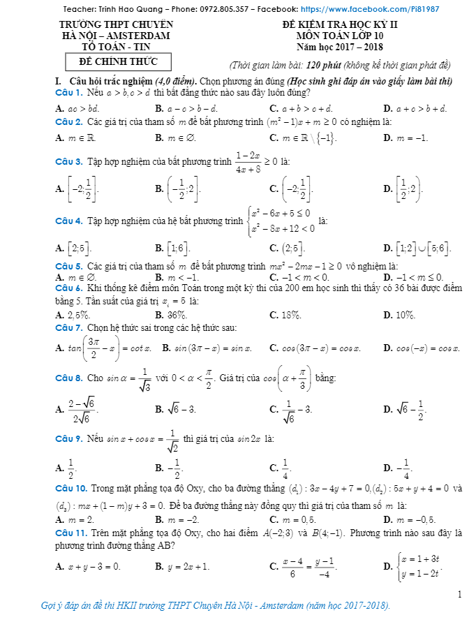 de thi hoc ki 2 hk2 lop 10 mon toan nam 2017 2018 truong thpt chuyen ha noi amsterdam d
