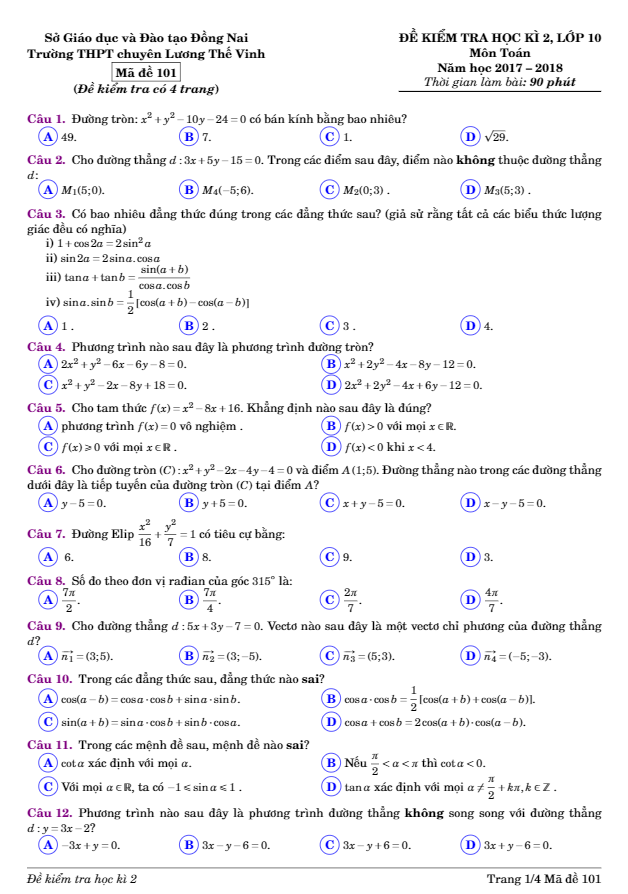 de thi hoc ki 2 hk2 lop 10 mon toan nam 2017 2018 truong thpt chuyen luong the vinh dong nai d