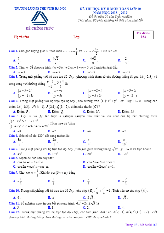 de thi hoc ki 2 hk2 lop 10 mon toan nam 2018 2019 truong luong the vinh ha noi d
