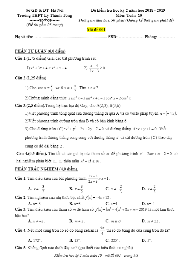 de thi hoc ki 2 hk2 lop 10 mon toan nam 2018 2019 truong thpt ly thanh tong ha noi d