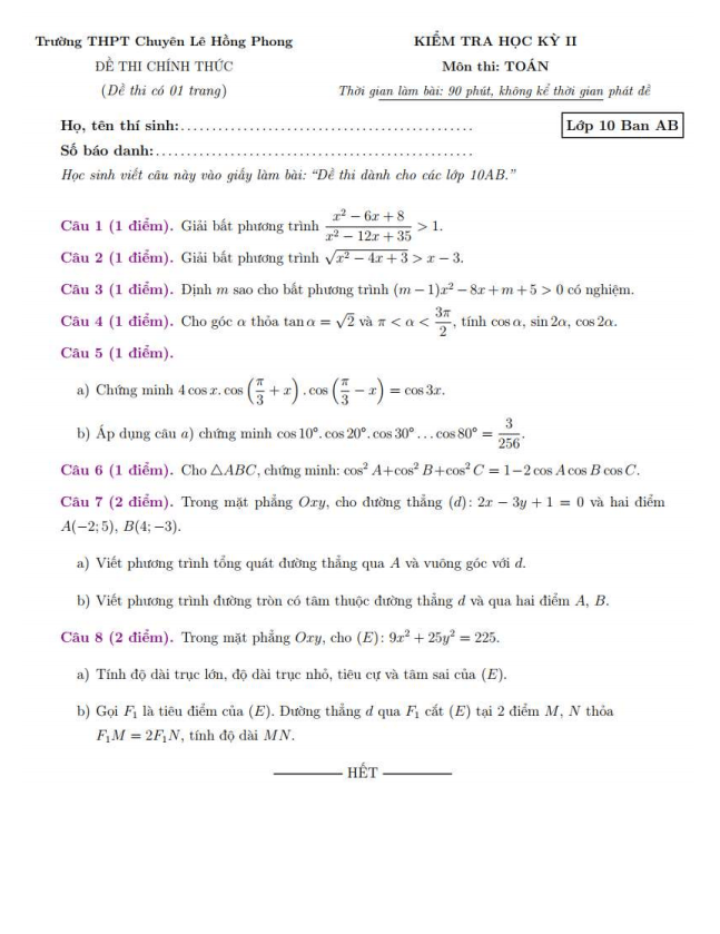 de thi hoc ki 2 hk2 lop 10 mon toan nam 2019 2020 truong chuyen le hong phong tp hcm d