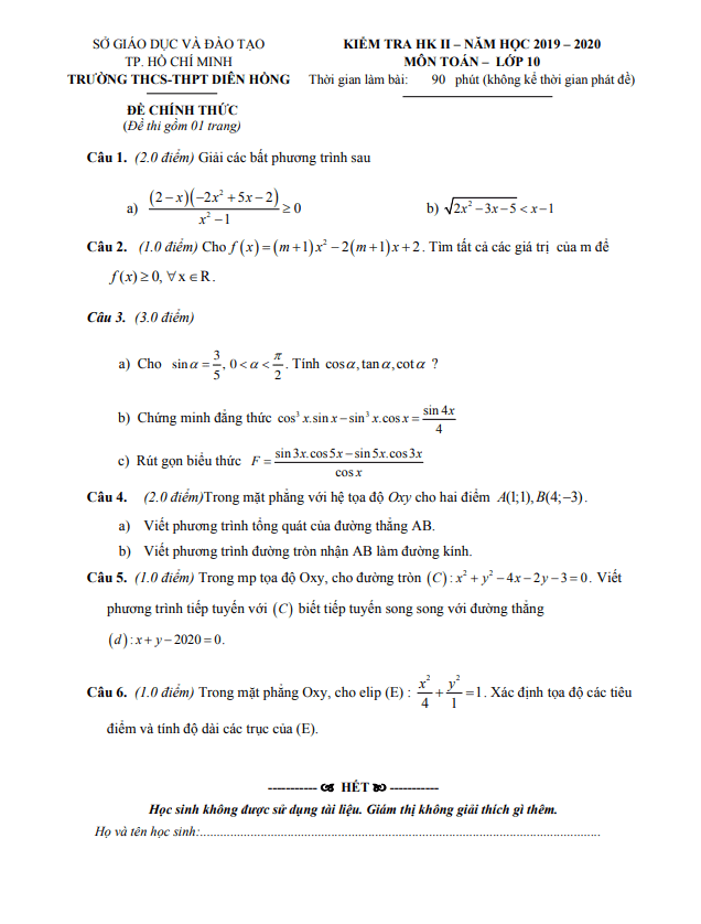 de thi hoc ki 2 hk2 lop 10 mon toan nam 2019 2020 truong dien hong tp hcm d
