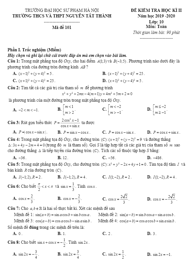 de thi hoc ki 2 hk2 lop 10 mon toan nam 2019 2020 truong nguyen tat thanh ha noi d
