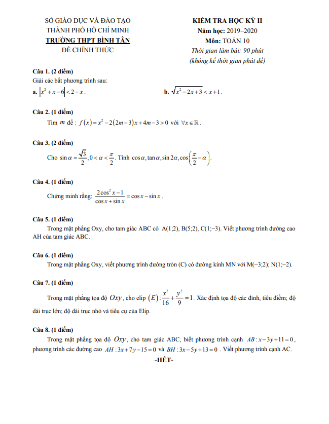 Đề thi học kì 2 (HK2) lớp 10 môn Toán năm 2019 2020 trường THPT Bình Tân TP HCM 4 de thi hoc ki 2 hk2 lop 10 mon toan nam 2019 2020 truong thpt binh tan tp hcm d