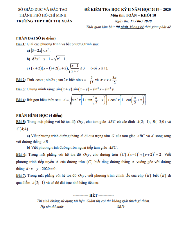 de thi hoc ki 2 hk2 lop 10 mon toan nam 2019 2020 truong thpt bui thi xuan tp hcm d