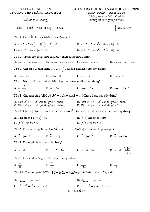 de thi hoc ki 2 hk2 lop 10 mon toan nam 2019 2020 truong thpt dang thuc hua nghe an d