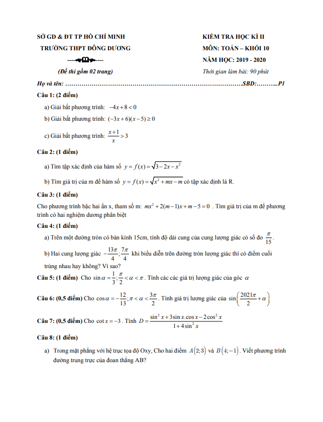 de thi hoc ki 2 hk2 lop 10 mon toan nam 2019 2020 truong thpt dong duong tp hcm d