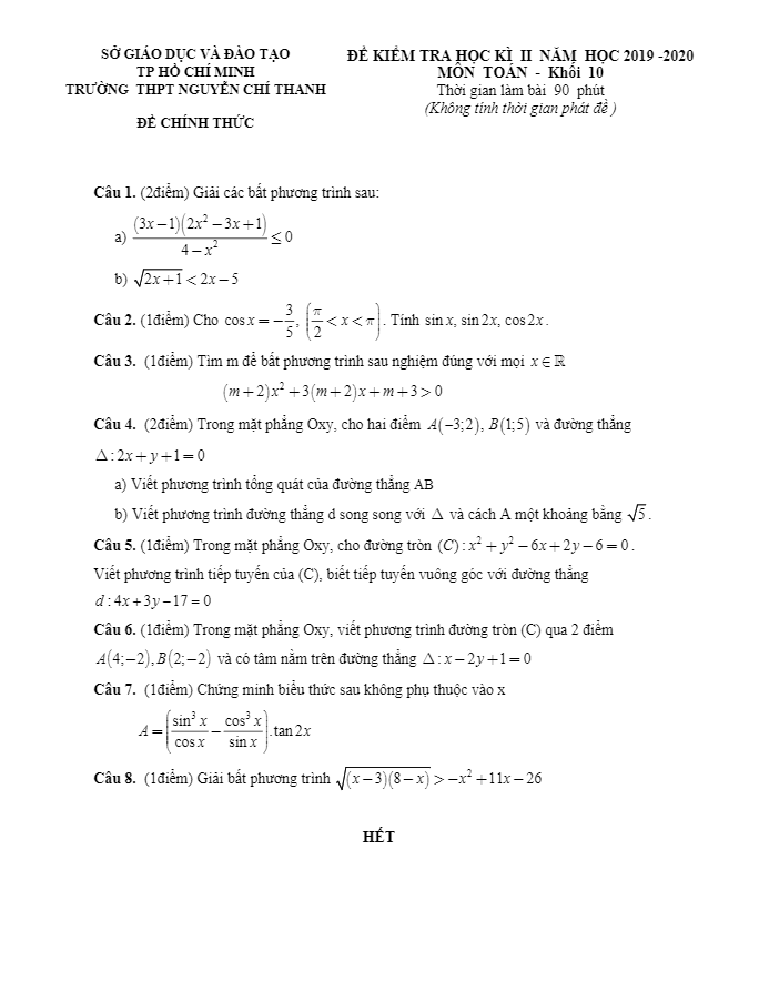 Đề thi học kì 2 (HK2) lớp 10 môn Toán năm 2019 2020 trường THPT Nguyễn Chí Thanh TP HCM 7 de thi hoc ki 2 hk2 lop 10 mon toan nam 2019 2020 truong thpt nguyen chi thanh tp hcm d