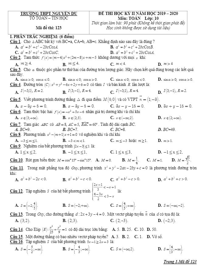 de thi hoc ki 2 hk2 lop 10 mon toan nam 2019 2020 truong thpt nguyen du lam dong d