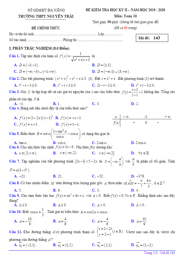 de thi hoc ki 2 hk2 lop 10 mon toan nam 2019 2020 truong thpt nguyen trai da nang d