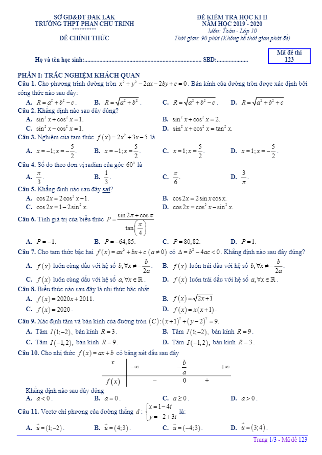 Đề thi học kì 2 (HK2) lớp 10 môn Toán năm 2019 2020 trường THPT Phan Chu Trinh Đắk Lắk 7 de thi hoc ki 2 hk2 lop 10 mon toan nam 2019 2020 truong thpt phan chu trinh dak lak d