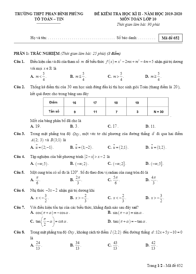 Đề thi học kì 2 (HK2) lớp 10 môn Toán năm 2019 2020 trường THPT Phan Đình Phùng Hà Nội 6 de thi hoc ki 2 hk2 lop 10 mon toan nam 2019 2020 truong thpt phan dinh phung ha noi d