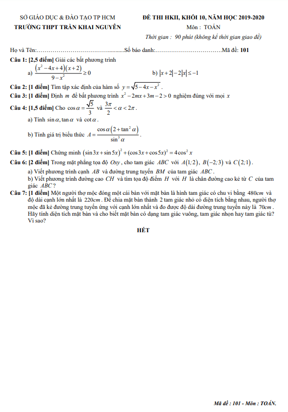 de thi hoc ki 2 hk2 lop 10 mon toan nam 2019 2020 truong thpt tran khai nguyen tp hcm d