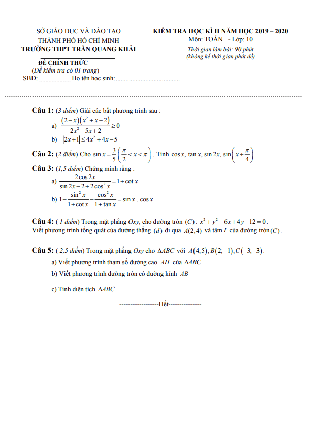 de thi hoc ki 2 hk2 lop 10 mon toan nam 2019 2020 truong thpt tran quang khai tp hcm d