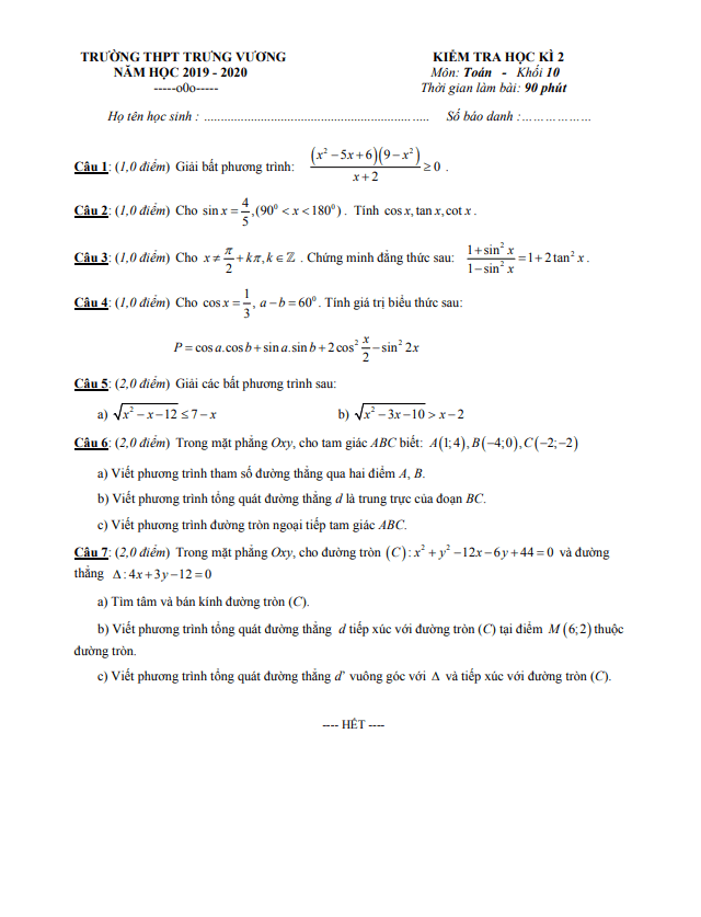de thi hoc ki 2 hk2 lop 10 mon toan nam 2019 2020 truong thpt trung vuong tp hcm d
