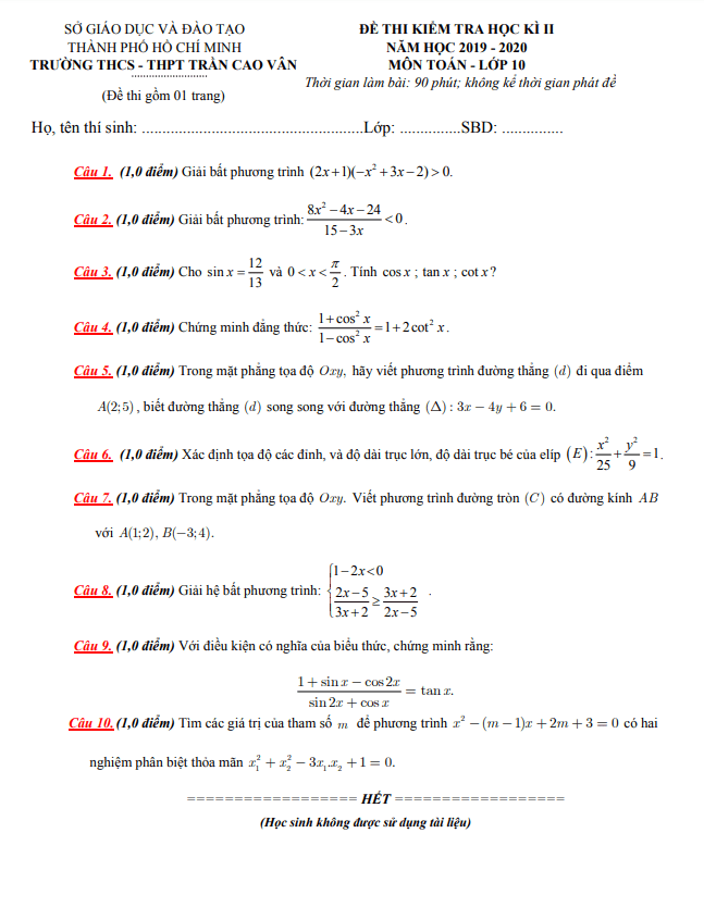 de thi hoc ki 2 hk2 lop 10 mon toan nam 2019 2020 truong tran cao van tp hcm d