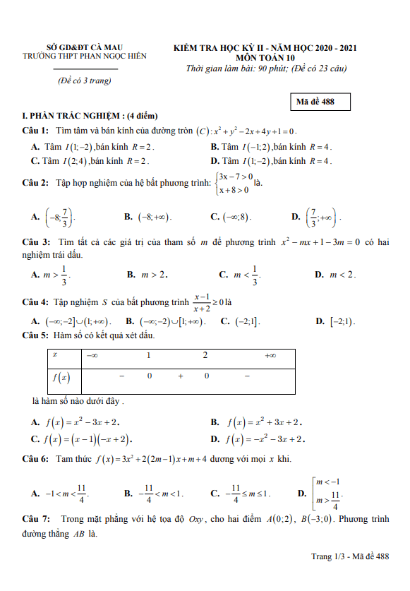 Đề thi học kì 2 (HK2) lớp 10 môn Toán năm 2020 2021 trường Phan Ngọc Hiển Cà Mau 7 de thi hoc ki 2 hk2 lop 10 mon toan nam 2020 2021 truong phan ngoc hien ca mau d