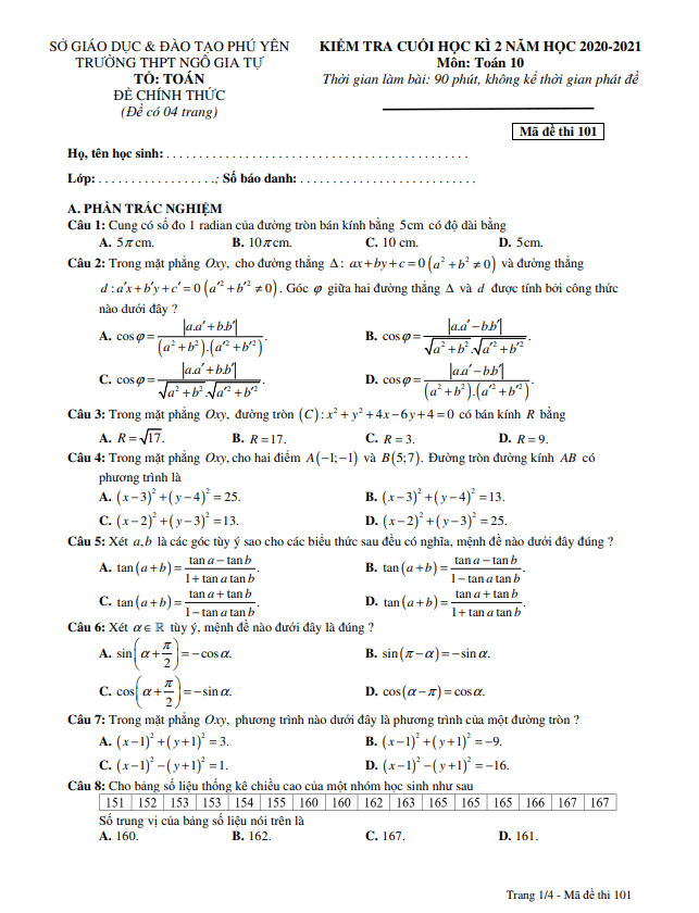 Đề thi học kì 2 (HK2) lớp 10 môn Toán năm 2020 2021 trường THPT Ngô Gia Tự Phú Yên 2 de thi hoc ki 2 hk2 lop 10 mon toan nam 2020 2021 truong thpt ngo gia tu phu yen d