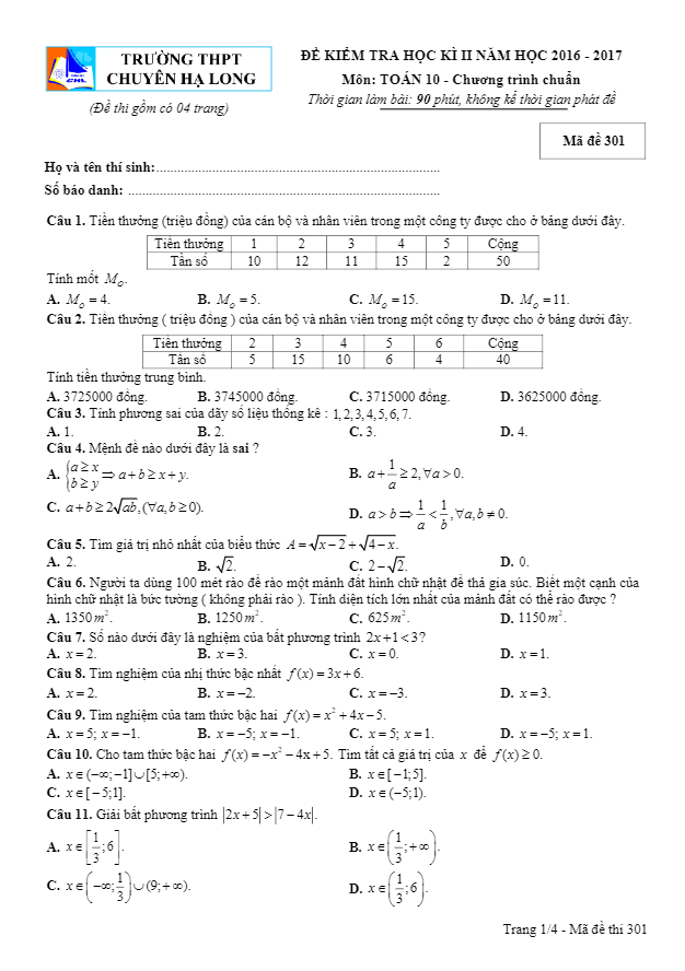 Đề thi học kì 2 (HK2) lớp 10 môn Toán năm học 2016 2017 trường THPT chuyên Hạ Long Quảng Ninh 5 de thi hoc ki 2 hk2 lop 10 mon toan nam hoc 2016 2017 truong thpt chuyen ha long quang ninh d