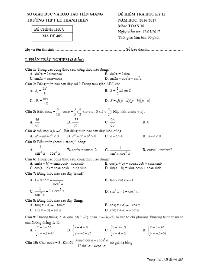 de thi hoc ki 2 hk2 lop 10 mon toan nam hoc 2016 2017 truong thpt le thanh hien tien giang d