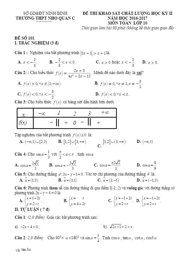 de thi hoc ki 2 hk2 lop 10 mon toan nam hoc 2016 2017 truong thpt nho quan c ninh binh d