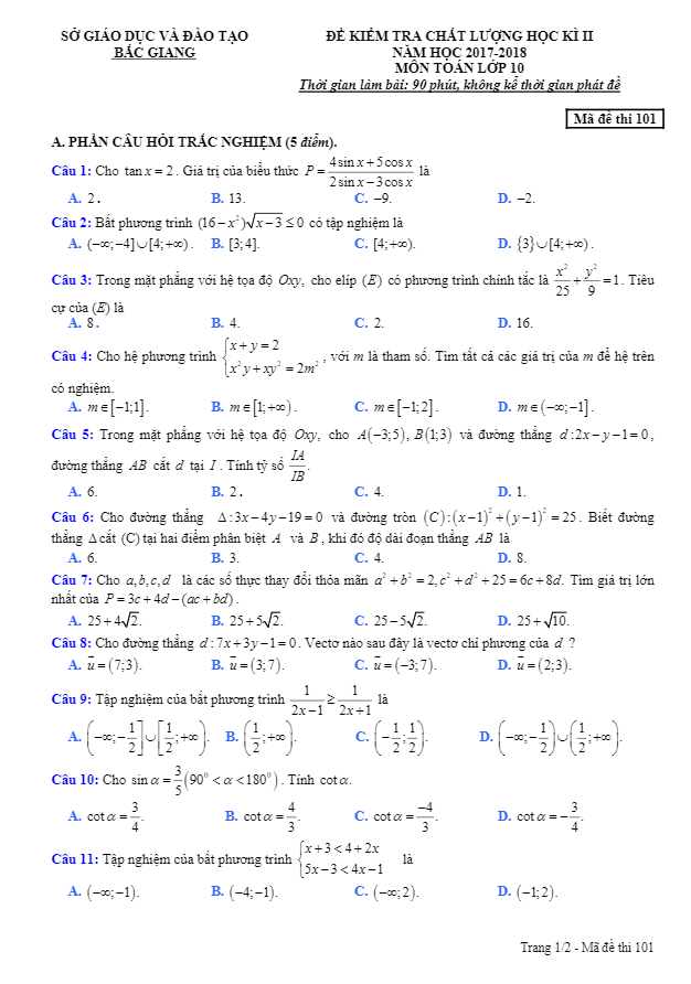 de thi hoc ki 2 hk2 lop 10 mon toan nam hoc 2017 2018 so gd va dt bac giang d