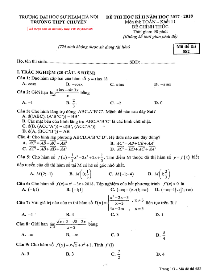 de thi hoc ki 2 hk2 lop 11 mon toan nam 2017 2018 truong thpt chuyen dhsp ha noi d