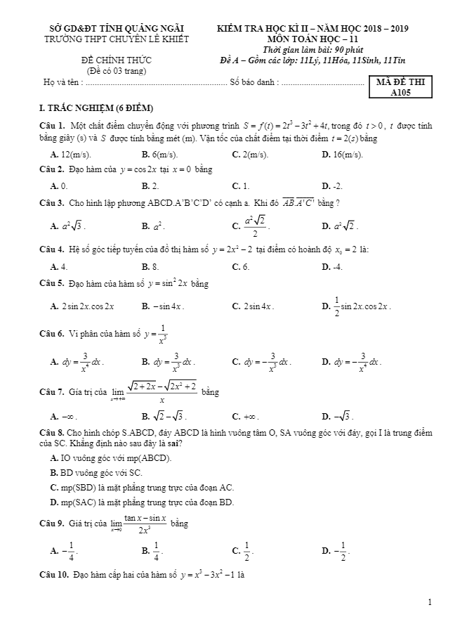 de thi hoc ki 2 hk2 lop 11 mon toan nam 2018 2019 truong chuyen le khiet quang ngai d