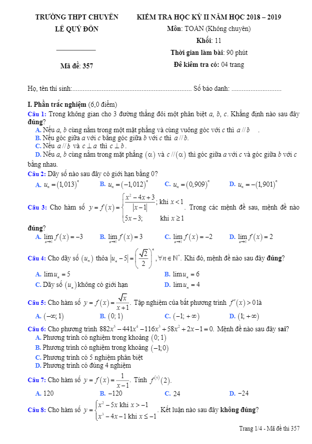 de thi hoc ki 2 hk2 lop 11 mon toan nam 2018 2019 truong chuyen le quy don khanh hoa d