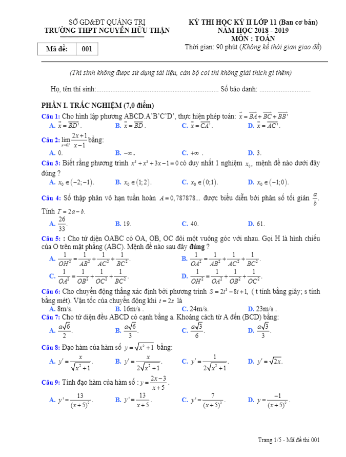 Đề thi học kì 2 (HK2) lớp 11 môn Toán năm 2018 2019 trường Nguyễn Hữu Thận Quảng Trị 7 de thi hoc ki 2 hk2 lop 11 mon toan nam 2018 2019 truong nguyen huu than quang tri d